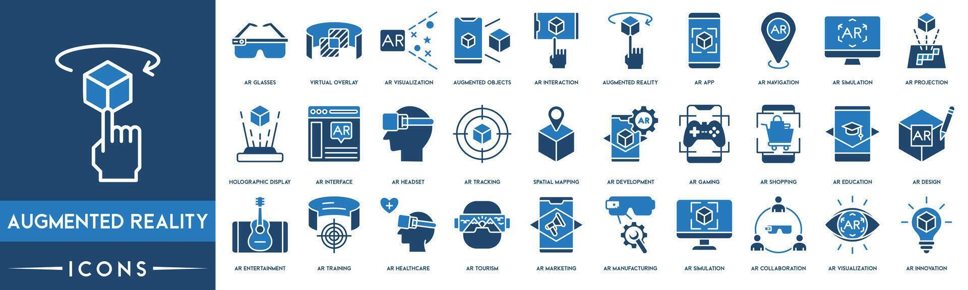 förändrad verklighet översikt ikon samling. ar glasögon, virtuell täcka över, samarbete, ar visualisering, förändrad objekt, simulering, navigering, ar simulering, holografiska och visa utveckling vektor