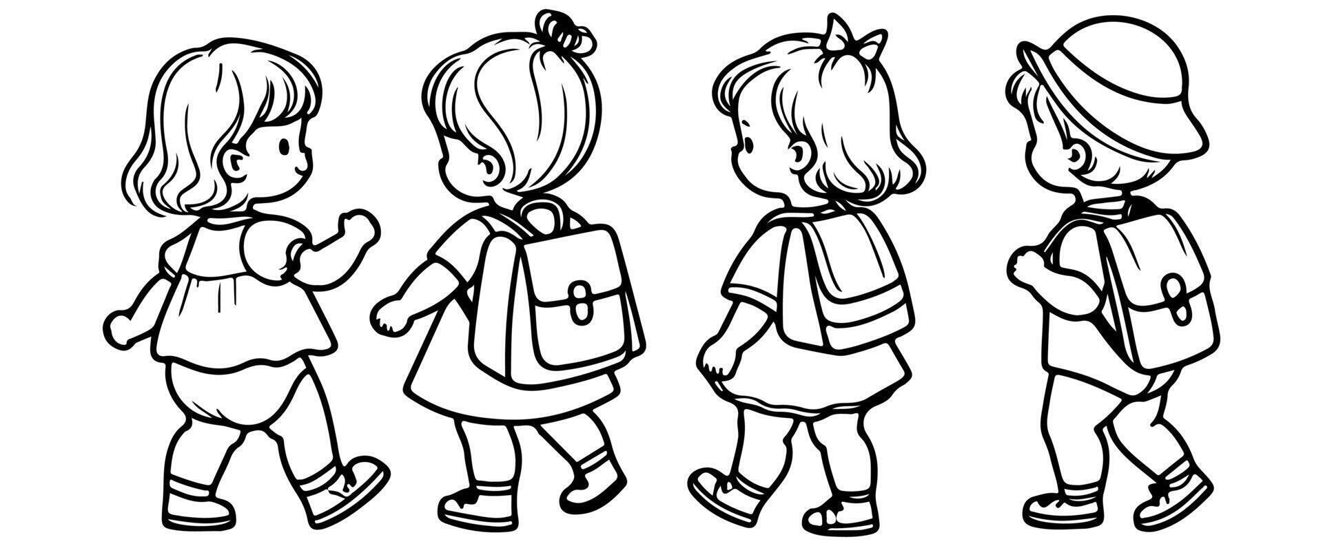 kontinuerlig ett svart linje konst hand teckning barn gående klotter översikt tecknad serie tecken uppsättning stil färg sida vektor illustration på vit bakgrund