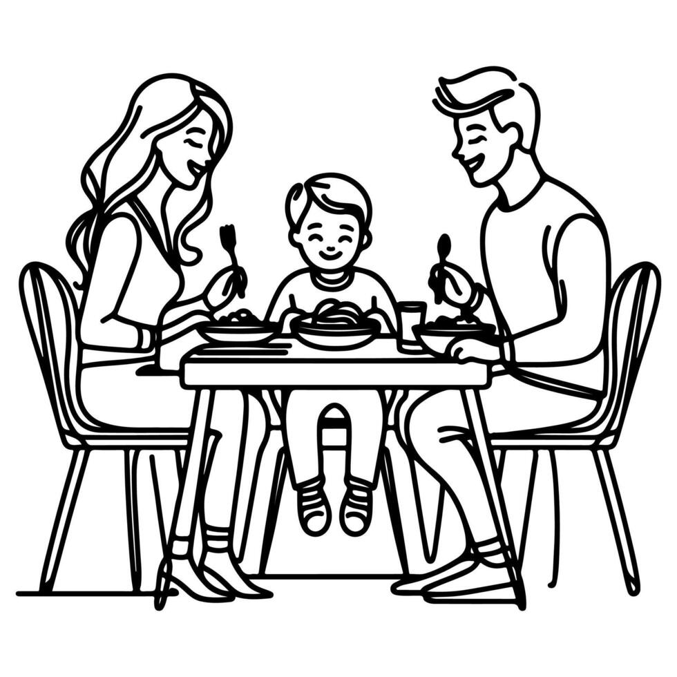 kontinuierlich einer schwarz Linie Kunst Zeichnung glücklich Familie Vater und Mutter mit Kind. haben Abendessen Sitzung beim Tabelle Kritzeleien Stil Vektor Illustration auf Weiß Hintergrund