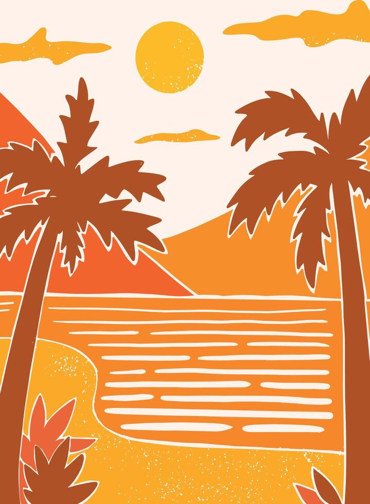 abstrakt affisch av hav sida landskap med handflatan träd, Sol och berg. Bra för affischer, banderoller, hälsning kort, grafik, inbjudningar, tapet, bakgrund. eps 10 vektor