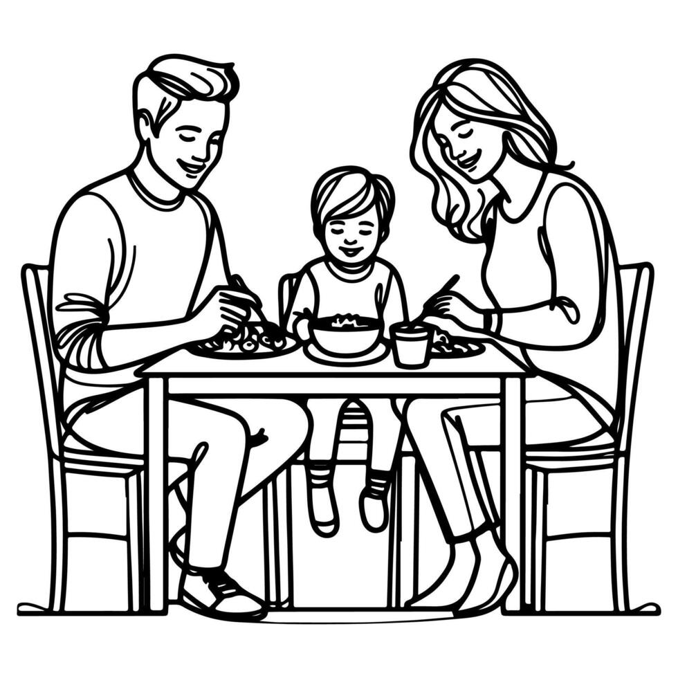 kontinuierlich einer schwarz Linie Kunst Zeichnung glücklich Familie Vater und Mutter mit Kind. haben Abendessen Sitzung beim Tabelle Kritzeleien Stil Vektor Illustration auf Weiß Hintergrund