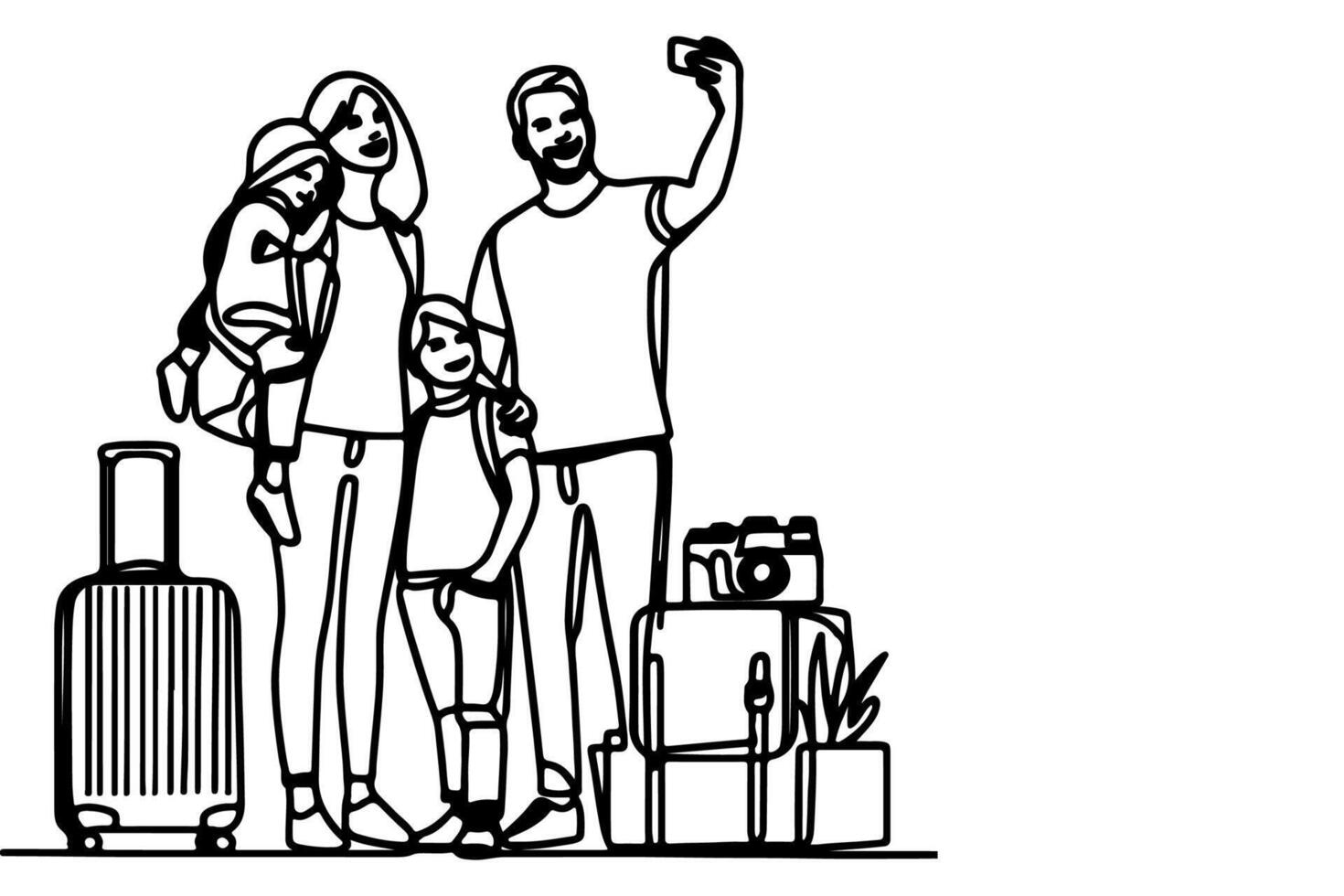 kontinuerlig ett svart linje konst teckning glad familj tar verkande selfie eller video ring upp genom mobil telefon översikt klotter vektor familj resa begrepp