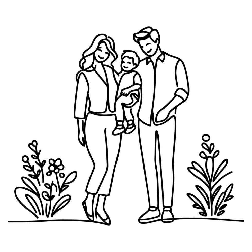 kontinuierlich einer schwarz Linie Kunst Zeichnung glücklich Familie Vater und Mutter mit Kind Kritzeleien Stil Vektor Illustration auf Weiß