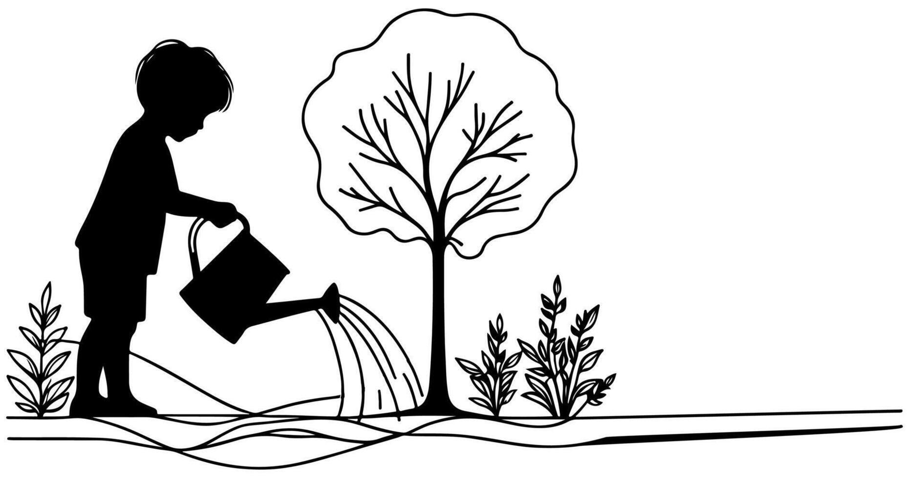 kontinuierlich einer schwarz Linie Kunst Zeichnung Silhouette von Kinder Bewässerung ein Baum. Pflanzen Baum zu speichern das Welt und Erde Tag reduzieren global Erwärmen Wachstum Konzept Vektor Illustration auf Weiß Hintergrund