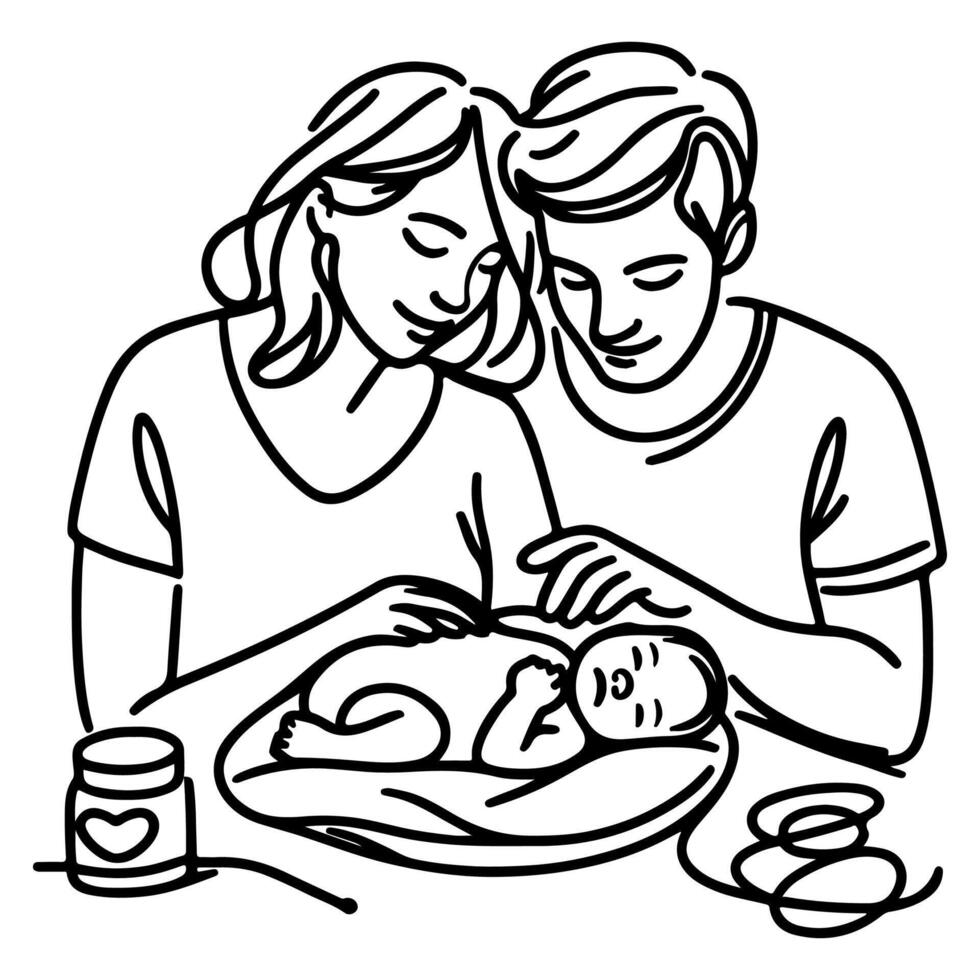 kontinuierlich einer schwarz Linie Kunst Zeichnung Eltern mit Neugeborene Baby Kritzeleien Gliederung Stil Vektor Illustration auf Weiß Hintergrund