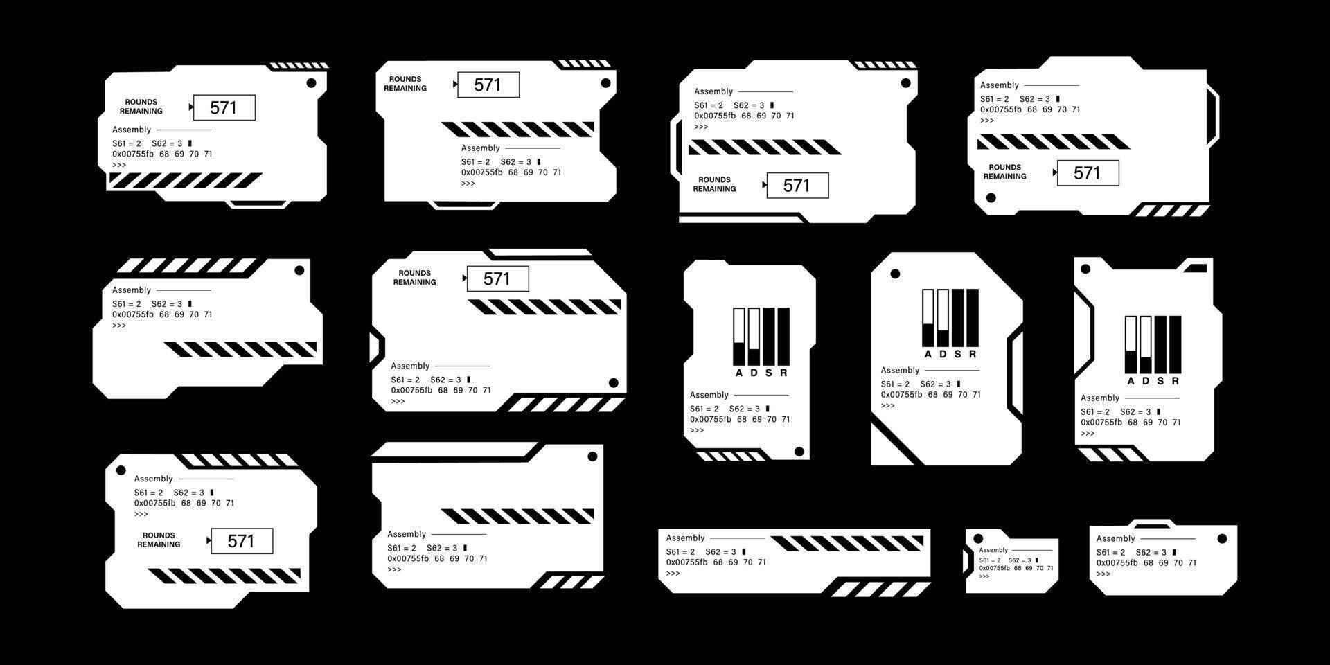 futuristisch Schnittstelle ui Elemente. holographisch hud Benutzer Schnittstelle Elemente, hoch Technik Riegel und Rahmen. hud Schnittstelle Symbole Vektor Illustration Satz. rechteckig gestalten Grenzen