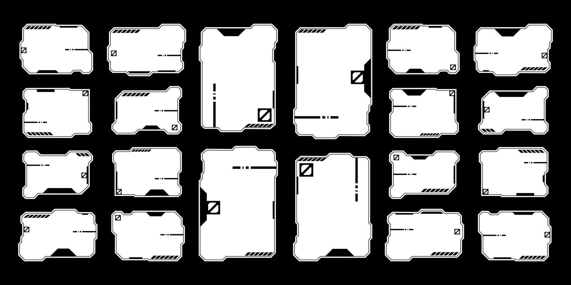 futuristisch Schnittstelle ui Elemente. holographisch hud Benutzer Schnittstelle Elemente, hoch Technik Riegel und Rahmen. hud Schnittstelle Symbole Vektor Illustration Satz. rechteckig gestalten Grenzen