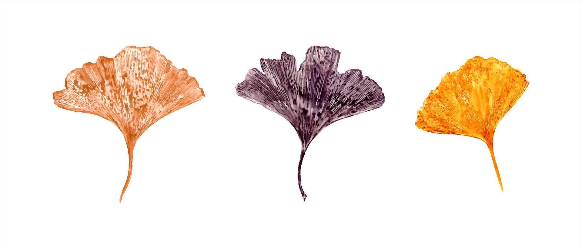 Design modern Blatt Impressum von biloba. Blätter im golden, braun Farben. Gingko Blatt. Ginkgo, Palme, trocken abstrakt Ventilator Blätter. Aquarell Illustration von Blatt Silhouetten. zum Grafik Dekor, Hochzeit vektor