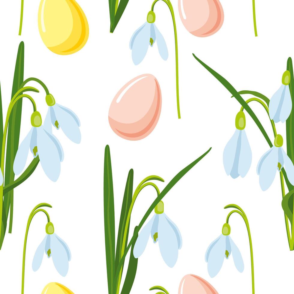 Vektor Illustration von Ostern Thema, nahtlos Muster mit Strauß von Frühling Blumen Schneeglöckchen und Mehrfarbig Pastell- Ostern Eier, Frühling Party Illustration auf Weiß Hintergrund