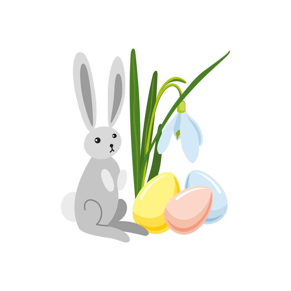 Vektor Illustration von Ostern Thema, Strauß von Frühling Blumen Schneeglöckchen und Mehrfarbig Pastell- Ostern Eier und Hase, Frühling Party Illustration auf Weiß Hintergrund