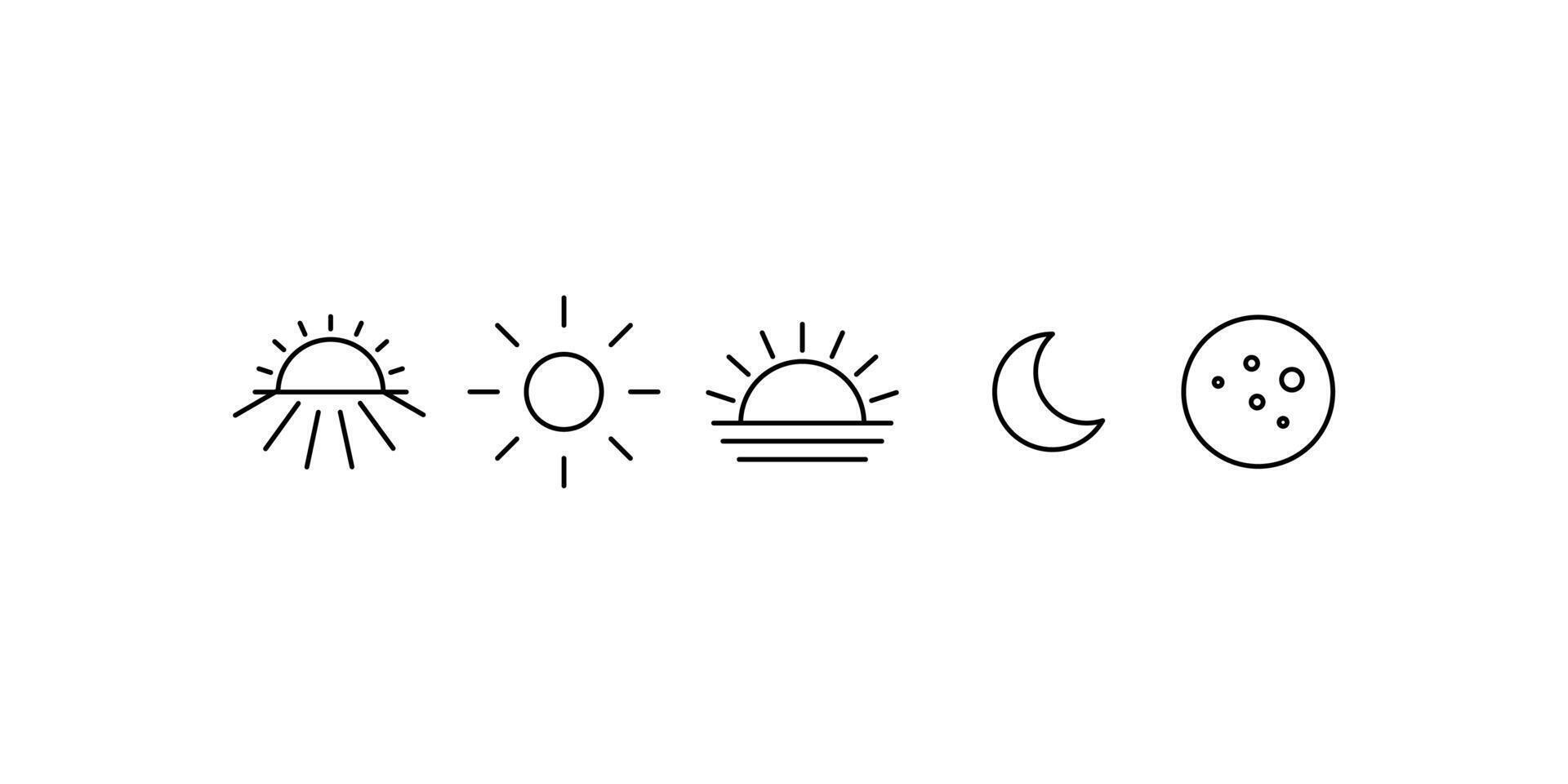 ikoner av soluppgång, Sol, solnedgång, halvmåne måne och full måne. isolerat på vit bakgrund. vektor