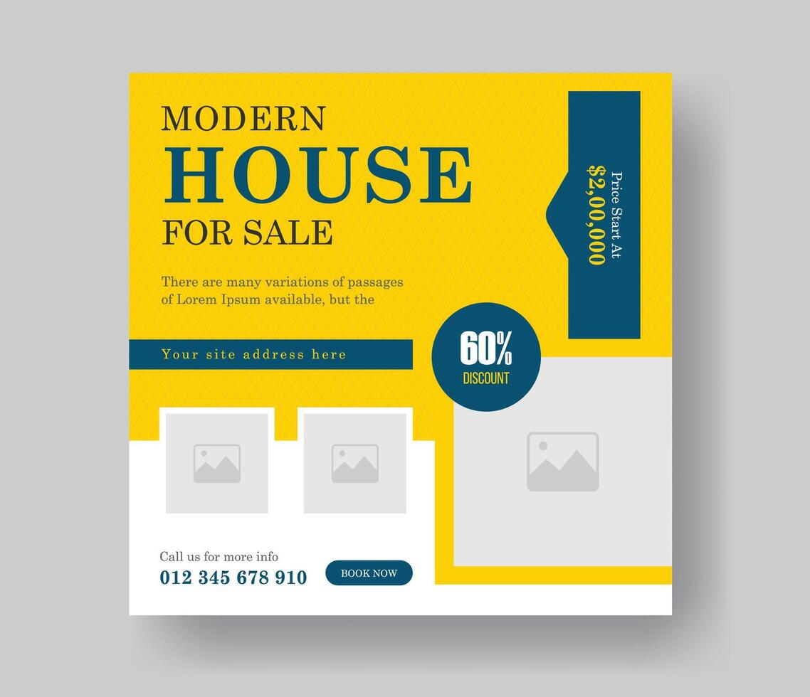 echt Nachlass Eigentum oder Haus zum Verkauf einfach Sozial Medien Post Banner Layout Design mit Gelb Form. vektor