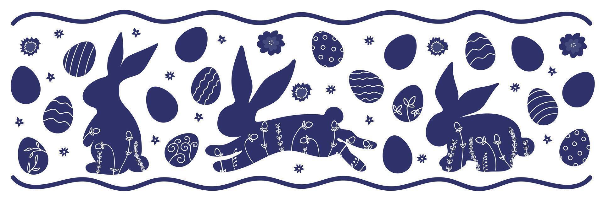 Ostern dekorativ Banner Hase Silhouetten, Blumen und Ostern Eier. Vektor Illustration