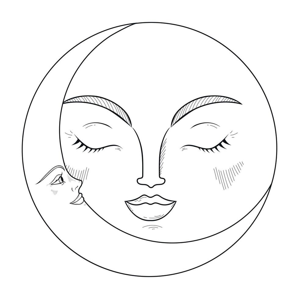 hand dragen emblem med en halvmåne och måne. svartvit magisk vektor illustration