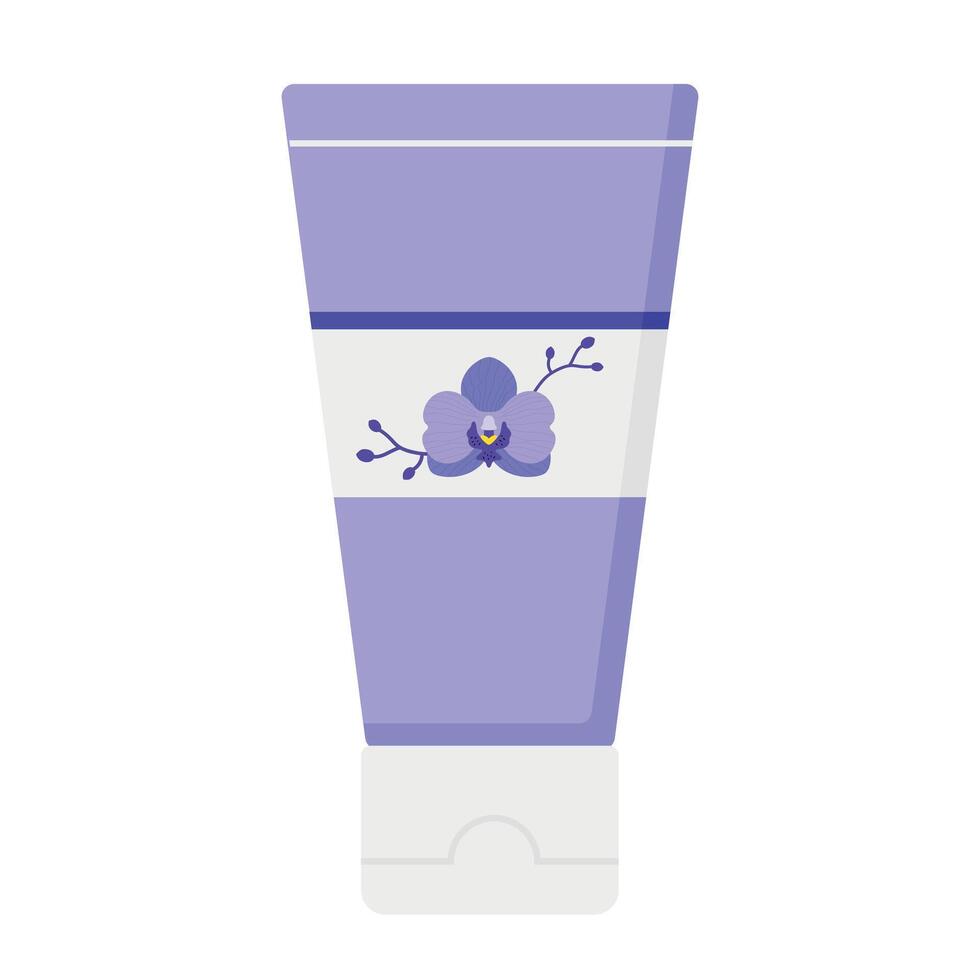 plast rör för kosmetisk Produkter för hud vård tycka om rensning gel eller skum, grädde eller lotion. dekorerad med ett orkide. vektor illustration