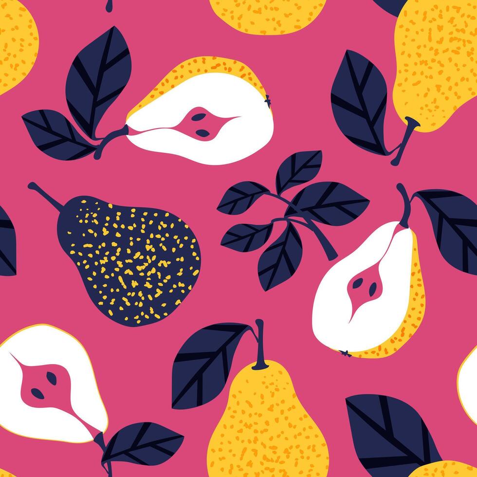 saftig gul päron. en sommar tropisk atmosfär med frukt skapar en sömlös mönster för modern tyger och textilier med en ljus lilaaktig rosa fuchsia bakgrund. vektor. vektor