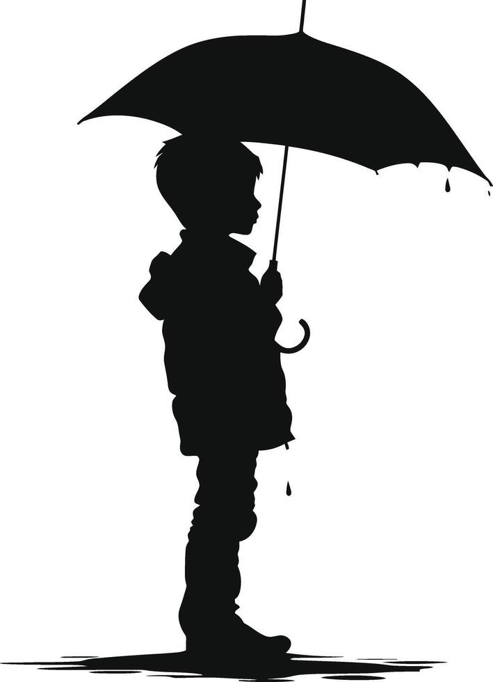 ai generiert Silhouette Junge mit Regenschirm während Nieselregen schwarz Farbe nur vektor