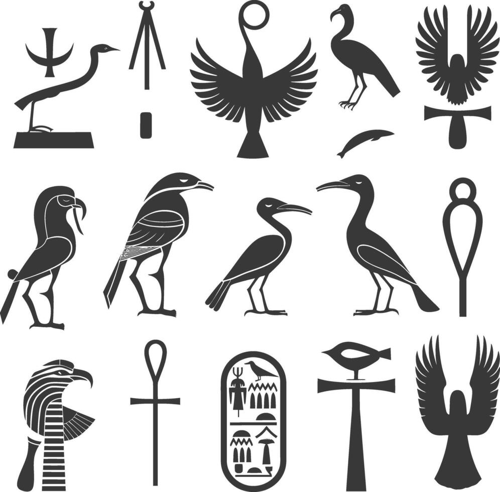 ai genererad silhuett samling av gammal egyptisk hieroglyfer symbol logotyp svart Färg endast vektor