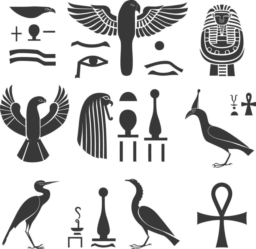 ai genererad silhuett samling av gammal egyptisk hieroglyfer symbol logotyp svart Färg endast vektor