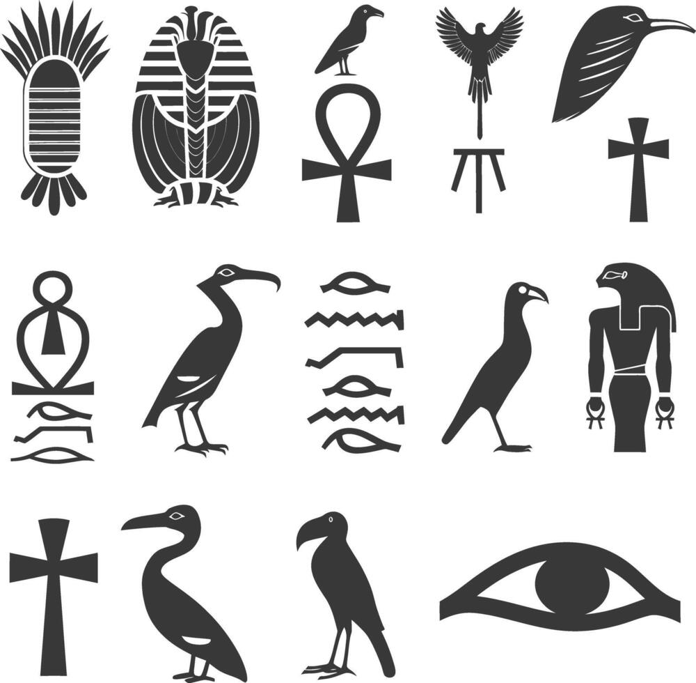 ai generiert Silhouette Sammlung von uralt ägyptisch Hieroglyphen Symbol Logo schwarz Farbe nur vektor