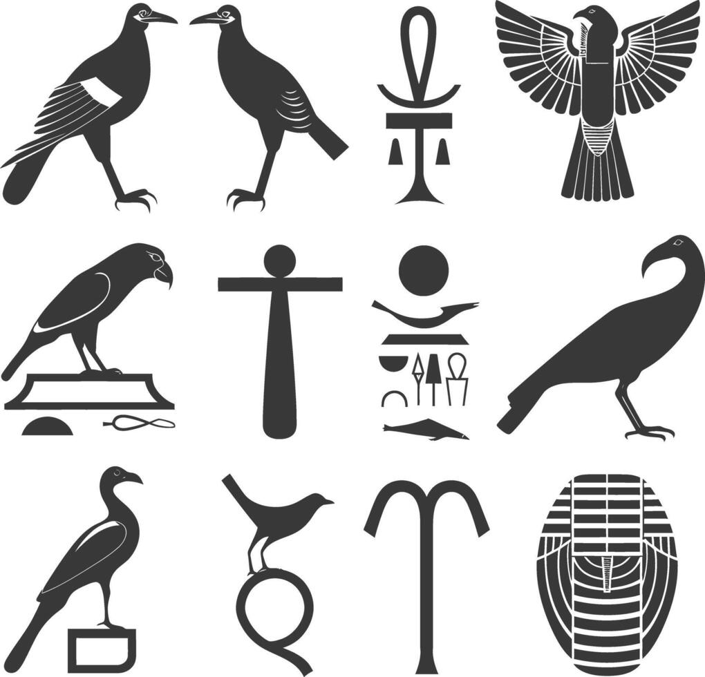 ai genererad silhuett samling av gammal egyptisk hieroglyfer symbol logotyp svart Färg endast vektor