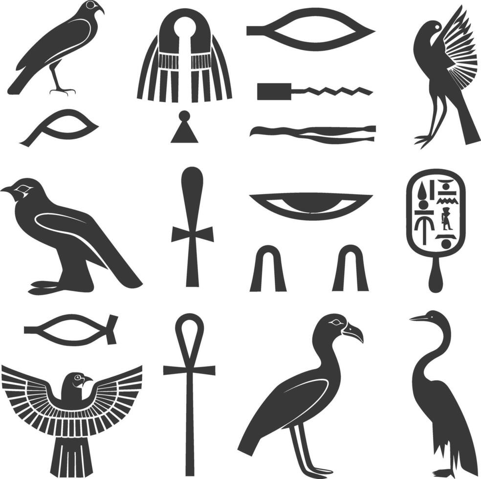 ai genererad silhuett samling av gammal egyptisk hieroglyfer symbol logotyp svart Färg endast vektor