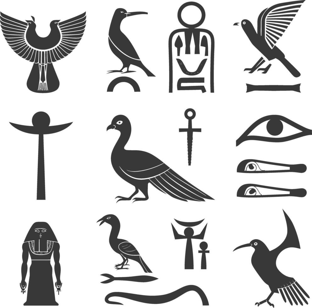 ai genererad silhuett samling av gammal egyptisk hieroglyfer symbol logotyp svart Färg endast vektor