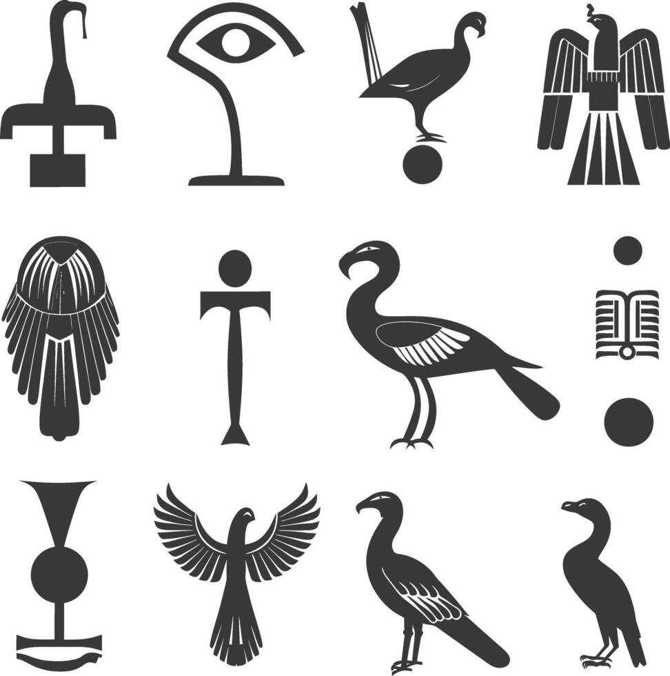 ai genererad silhuett samling av gammal egyptisk hieroglyfer symbol logotyp svart Färg endast vektor