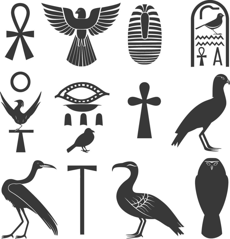 ai genererad silhuett samling av gammal egyptisk hieroglyfer symbol logotyp svart Färg endast vektor