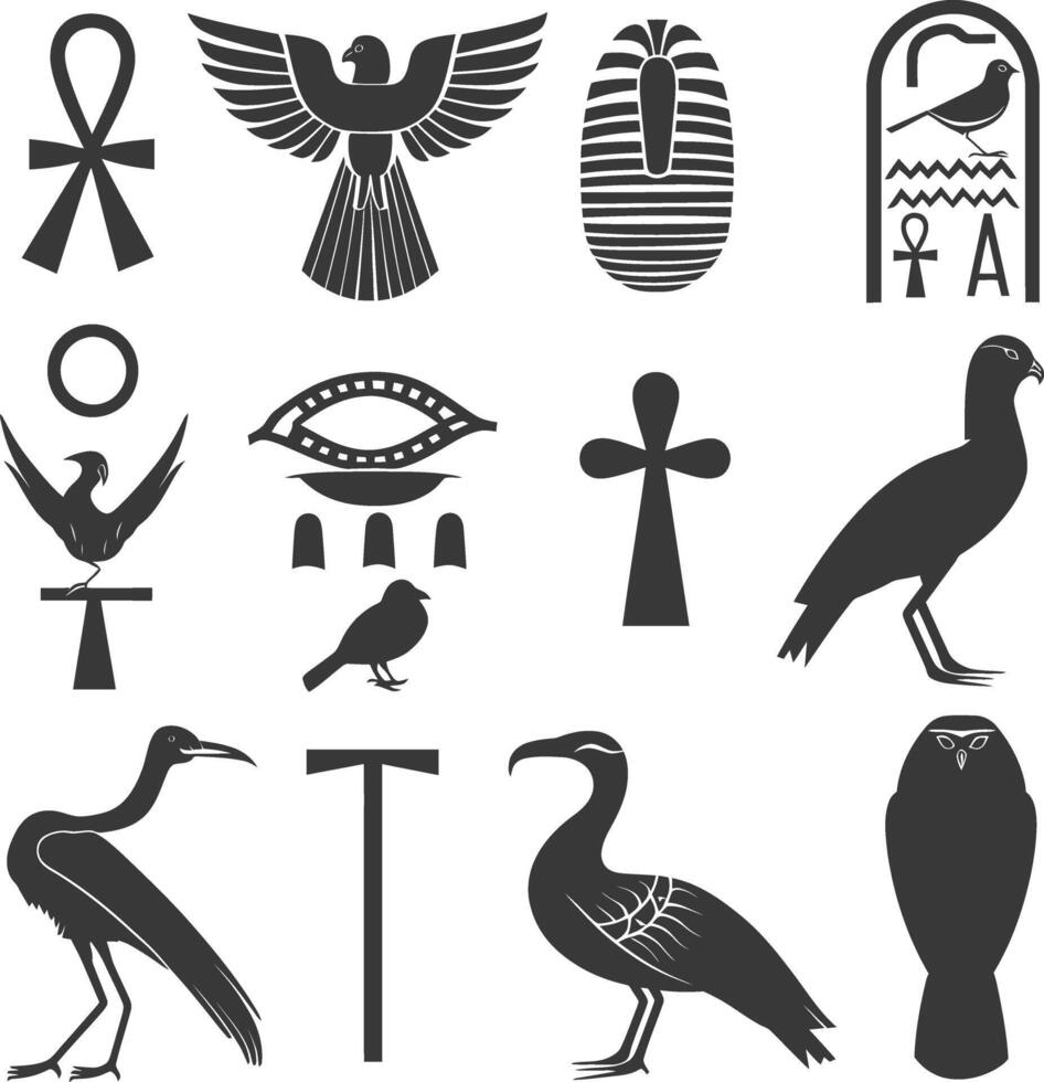 ai generiert Silhouette Sammlung von uralt ägyptisch Hieroglyphen Symbol Logo schwarz Farbe nur vektor