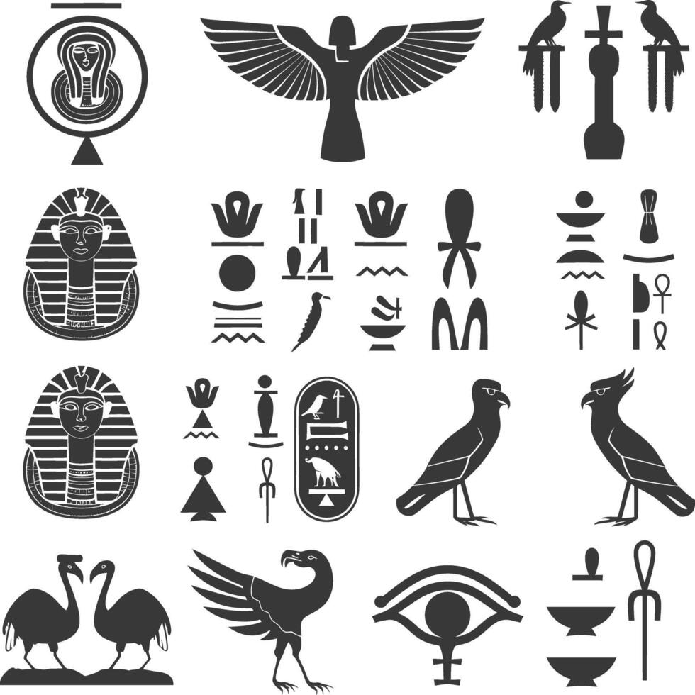 ai genererad silhuett samling av gammal egyptisk hieroglyfer symbol logotyp svart Färg endast vektor