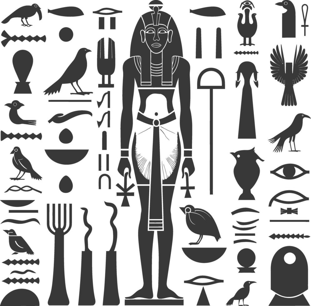 ai genererad silhuett samling av gammal egyptisk hieroglyfer symbol logotyp svart Färg endast vektor