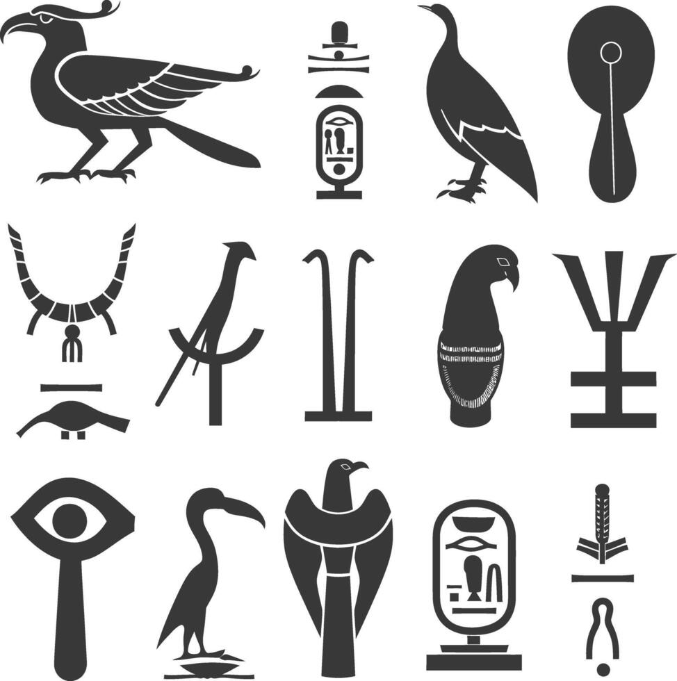 ai genererad silhuett samling av gammal egyptisk hieroglyfer symbol logotyp svart Färg endast vektor