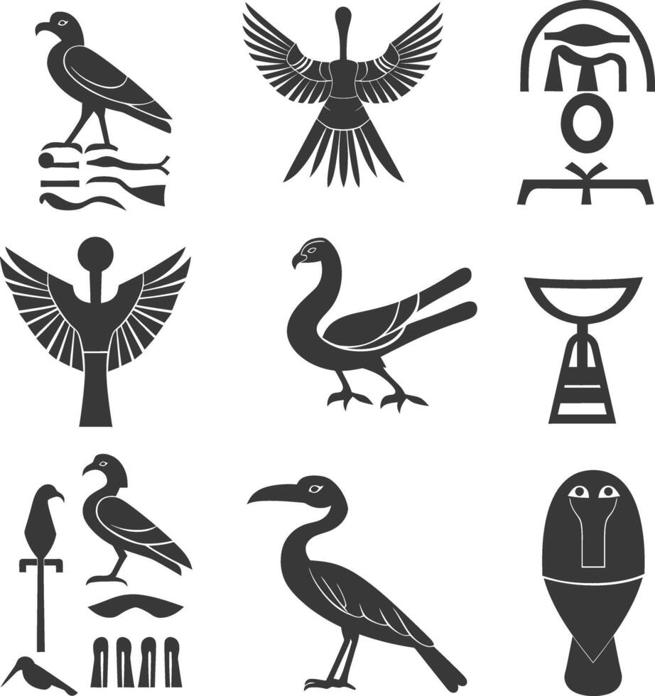 ai genererad silhuett samling av gammal egyptisk hieroglyfer symbol logotyp svart Färg endast vektor