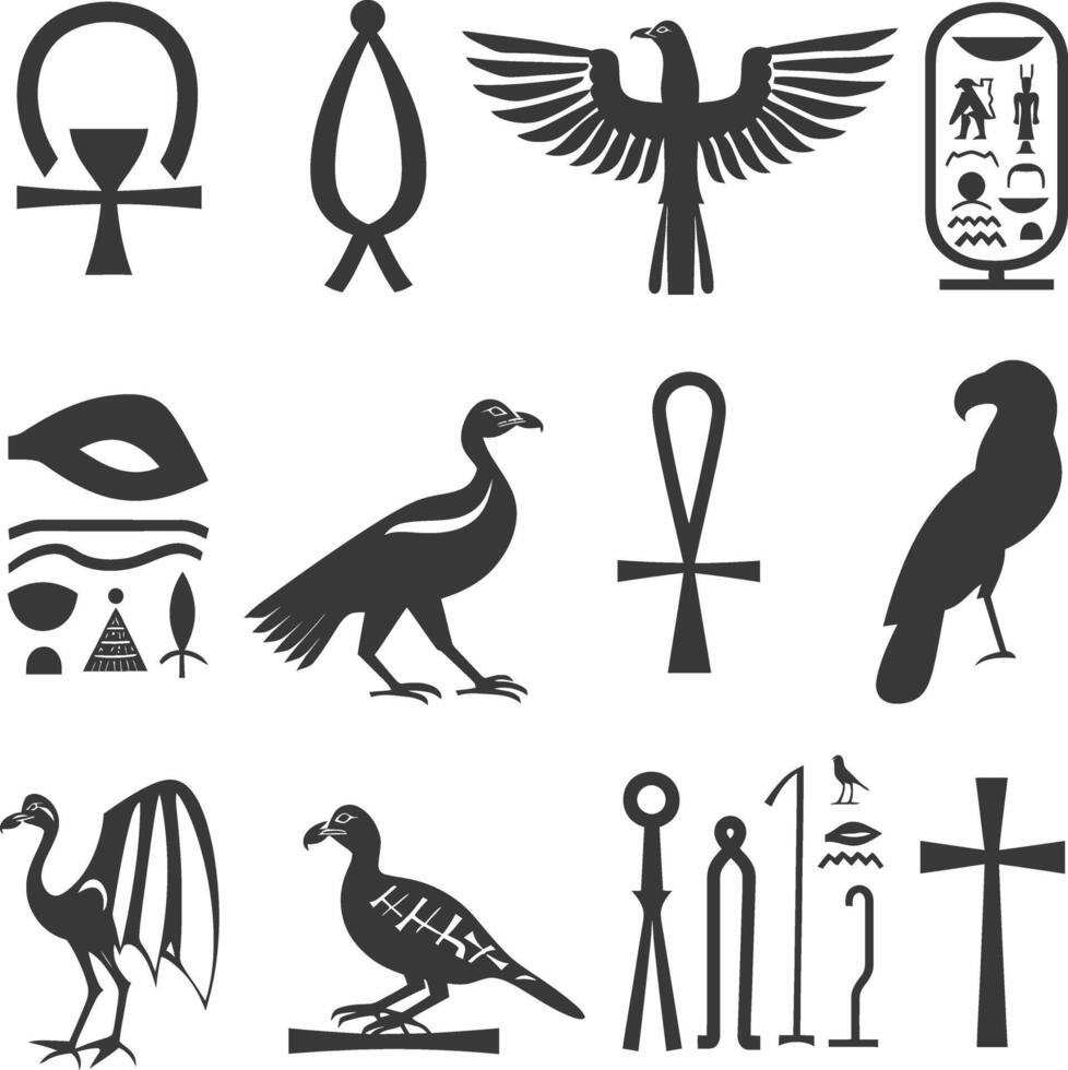 ai generiert Silhouette Sammlung von uralt ägyptisch Hieroglyphen Symbol Logo schwarz Farbe nur vektor