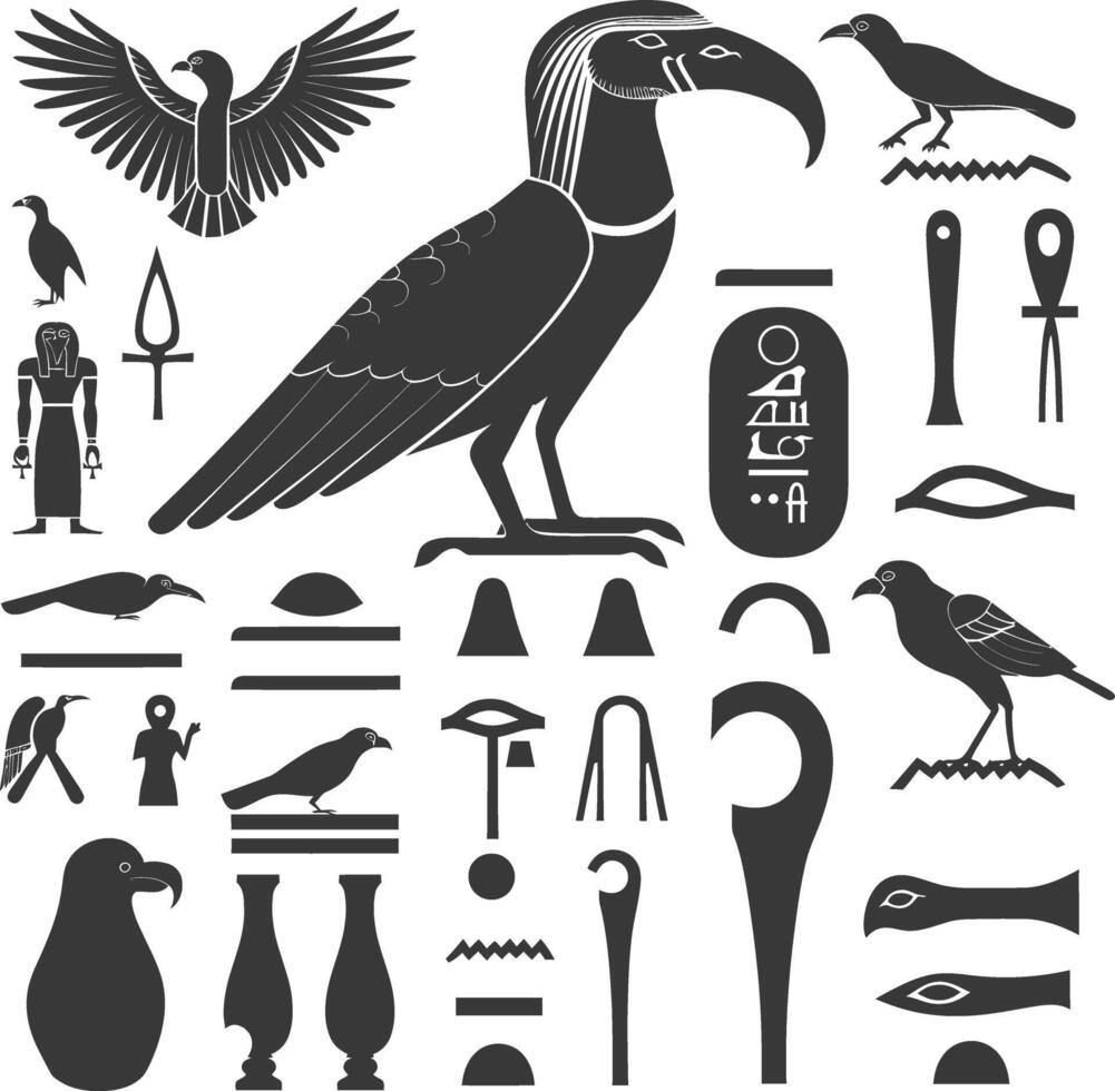 ai genererad silhuett samling av gammal egyptisk hieroglyfer symbol logotyp svart Färg endast vektor