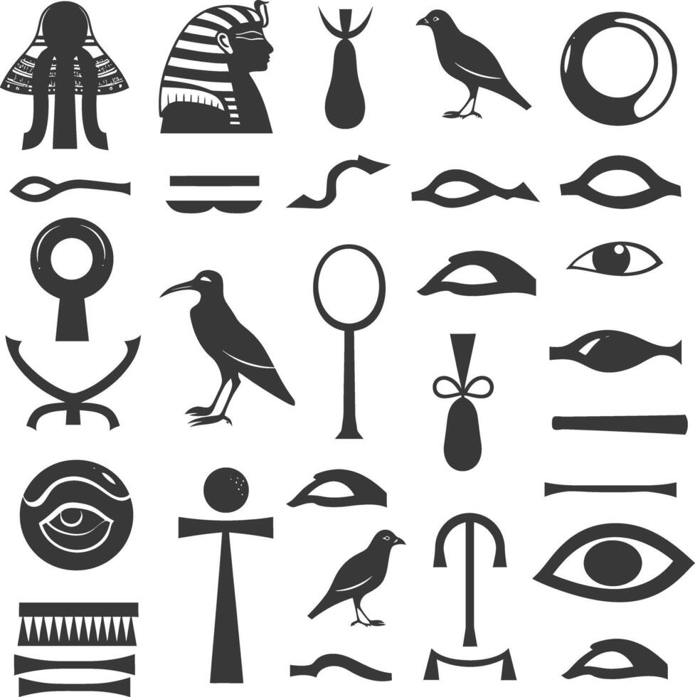 ai genererad silhuett samling av gammal egyptisk hieroglyfer symbol logotyp svart Färg endast vektor