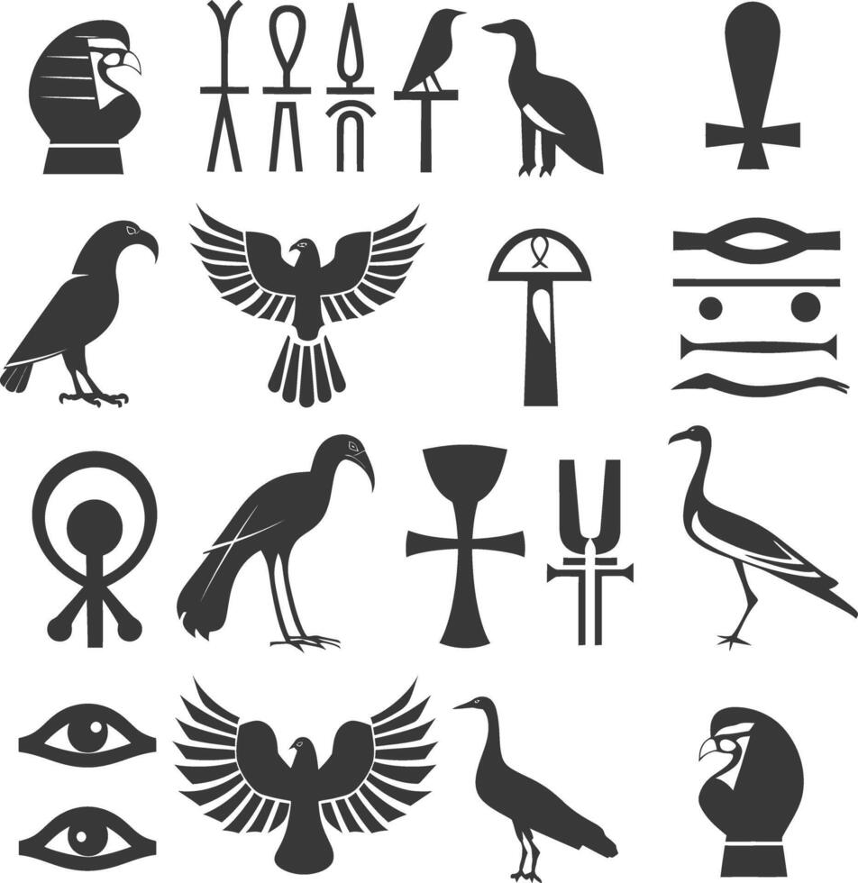 ai genererad silhuett samling av gammal egyptisk hieroglyfer symbol logotyp svart Färg endast vektor