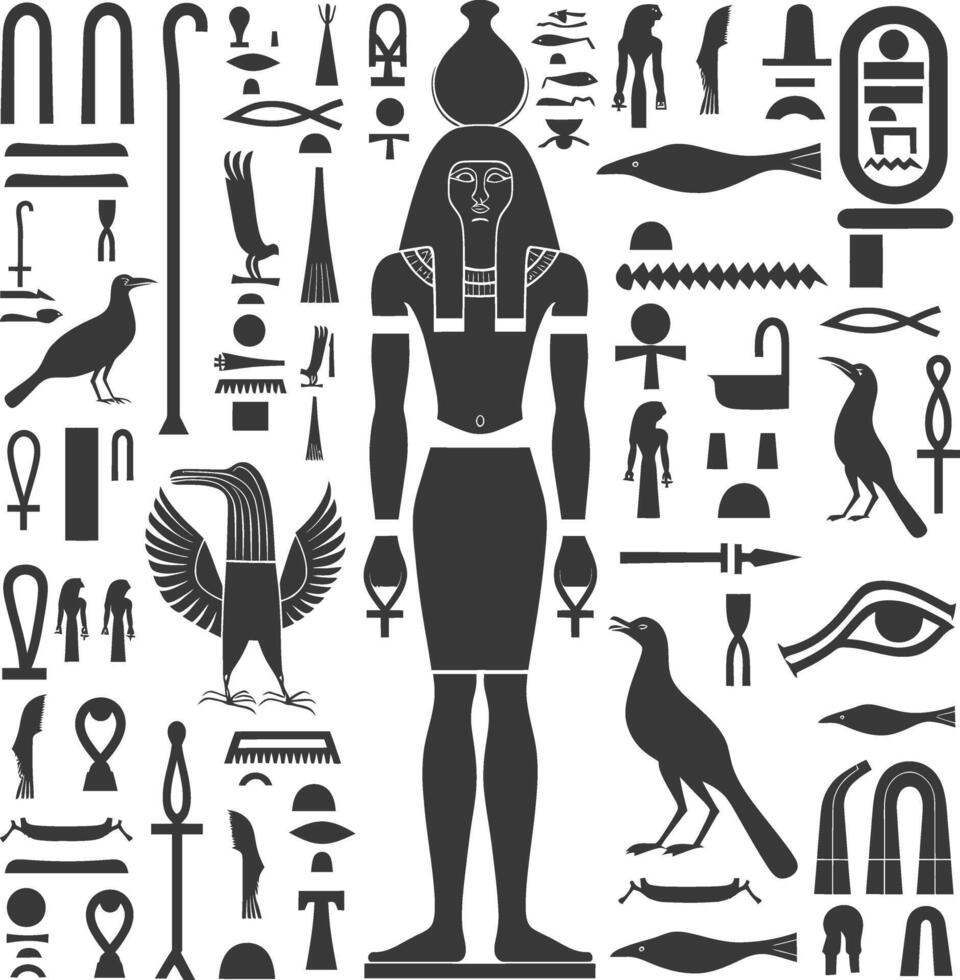 ai genererad silhuett samling av gammal egyptisk hieroglyfer symbol logotyp svart Färg endast vektor