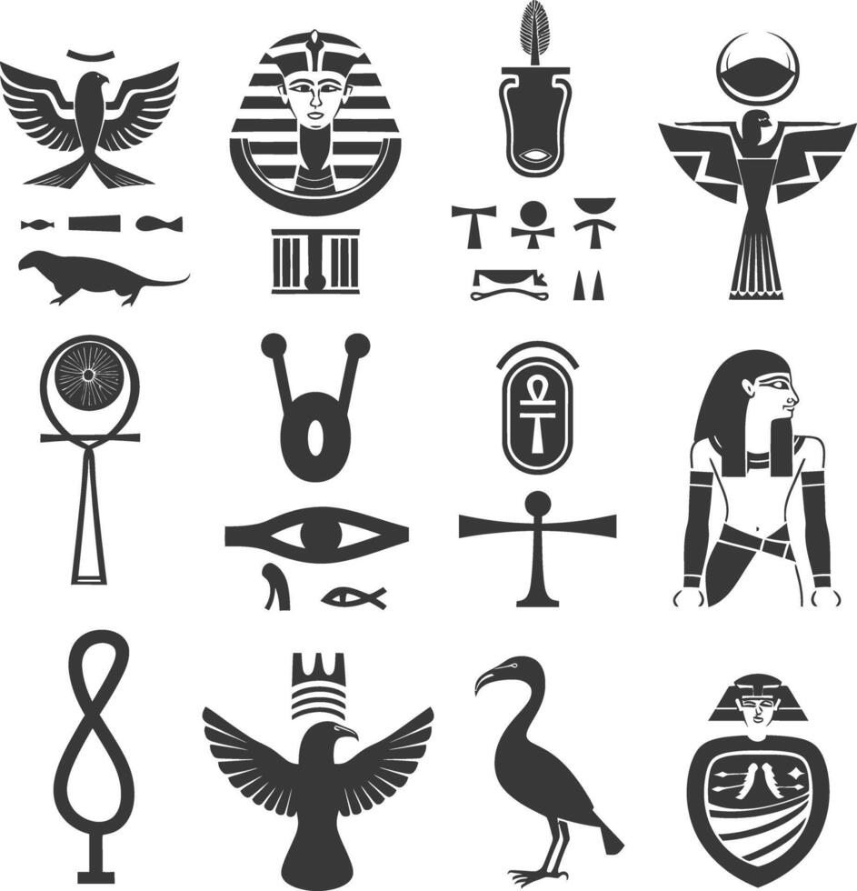 ai genererad silhuett samling av gammal egyptisk hieroglyfer symbol logotyp svart Färg endast vektor