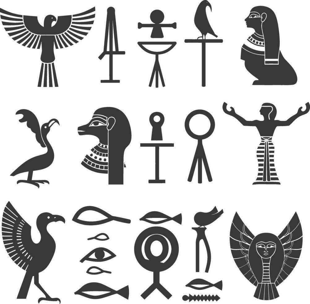 ai genererad silhuett samling av gammal egyptisk hieroglyfer symbol logotyp svart Färg endast vektor