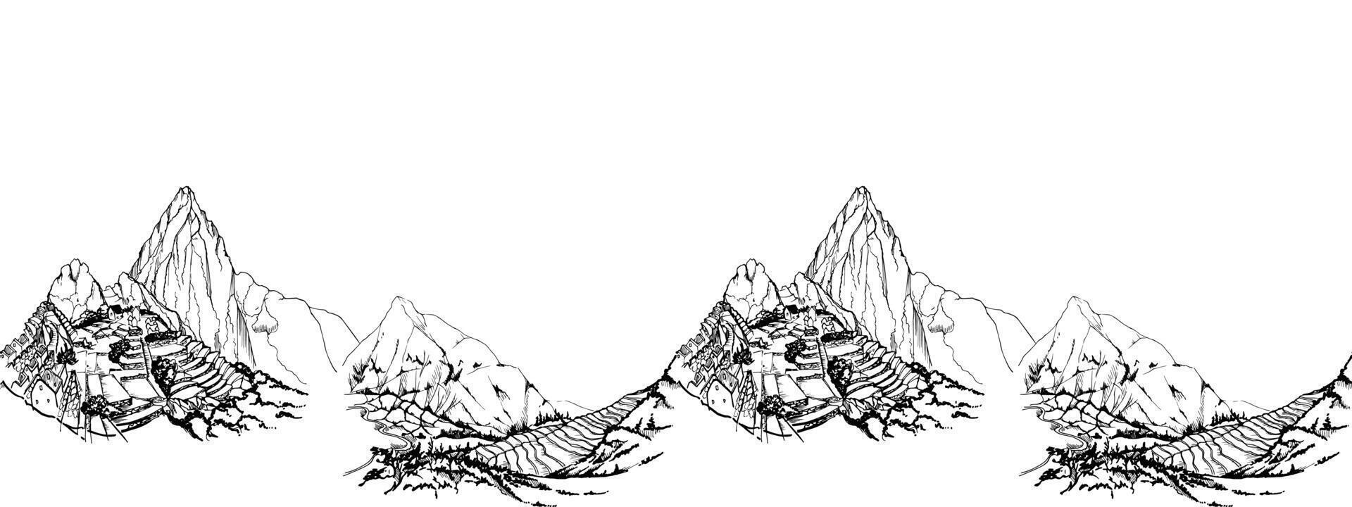 Hand gezeichnet Tinte Vektor Illustration, Berg Landschaft Landschaft zentral Süd Amerika, machu Picchu Terrassen. nahtlos Banner isoliert auf Weiß Hintergrund. Design reisen, Urlaub, Broschüre, drucken