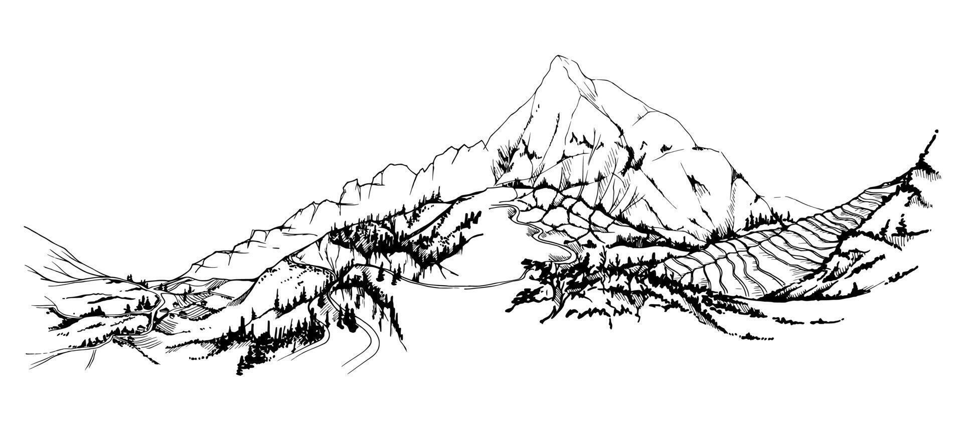 hand dragen bläck vektor illustration, berg landskap landskap central söder Amerika, kullar plan, machu picchu terrasser. isolerat på vit bakgrund. design resa, semester resa, broschyr, skriva ut