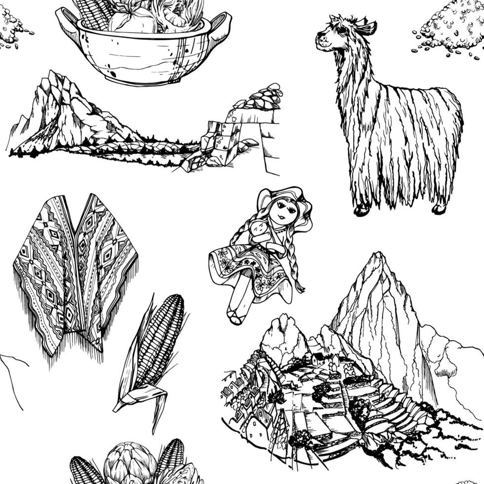 hand dragen bläck vektor illustration, peru symboler landskap alpacka docka machu picchu majs majs broderad poncho. sömlös mönster isolerat på vit bakgrund. design resa, meny, broschyr, skriva ut