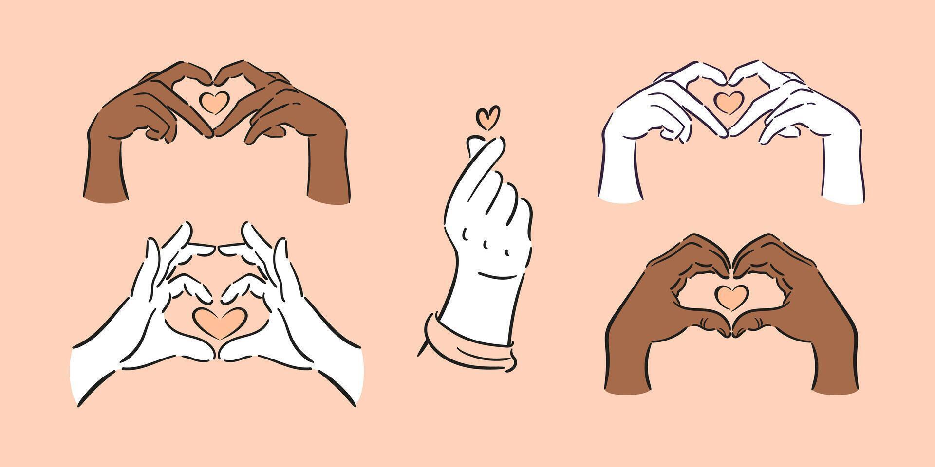 einstellen von Hand Gesten. Finger Herz. glücklich Valentinsgrüße Tag. Geste abbilden Liebe. Vektor Illustration im ein skizzenhaft minimalistisch Stil. zum Poster, Postkarten, Webseite, Banner, Design. Pfirsich Flaum.