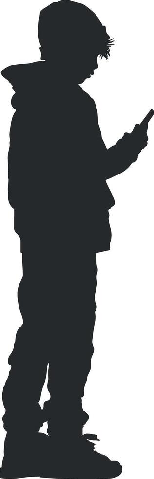 svart silhuett av en kille eller tonåring med en telefon utan bakgrund vektor