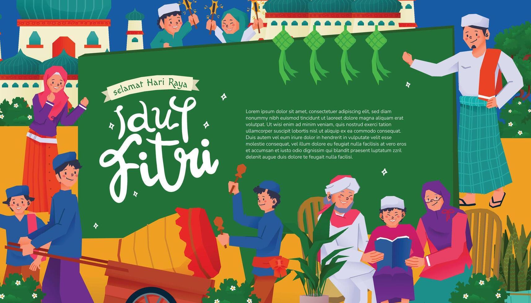 färgrik platt design layout illustration för muslim eid fitr dag vektor