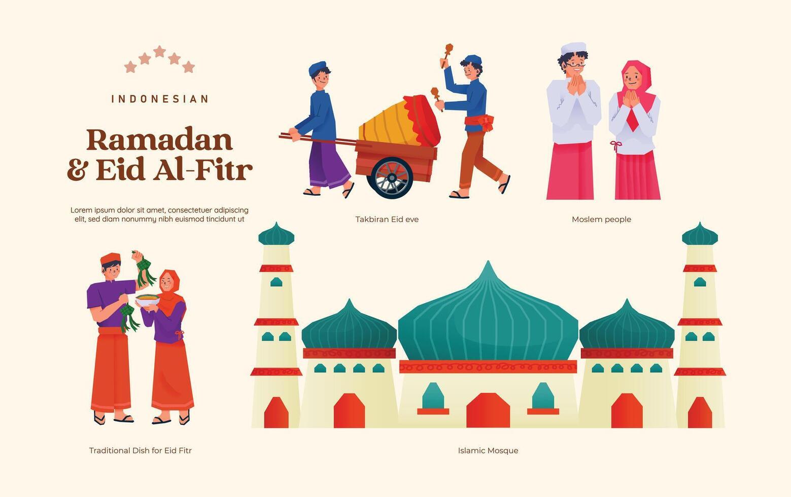 isolerat platt design indonesiska aktivitet ramadan och eid al fitr illustration vektor