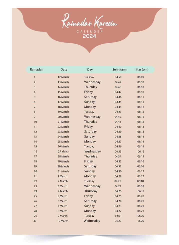 Ramadan Kalender 2024 mit Gebet mal im Ramadan. Ramadan Zeitplan Vektor Design