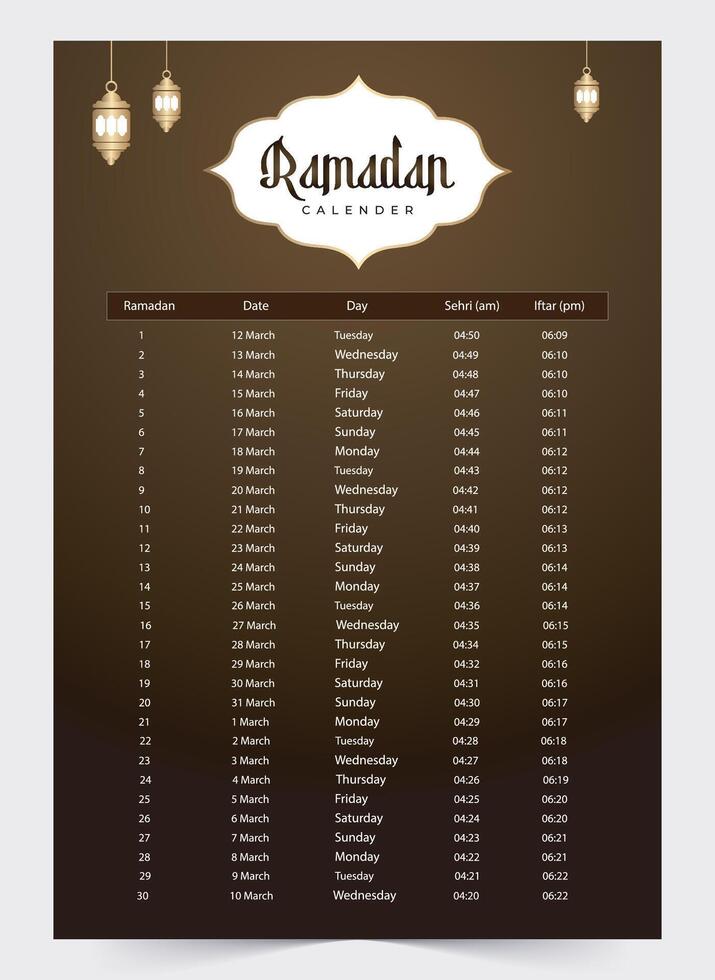 Ramadan Kalender 2024 mit Gebet mal im Ramadan. Ramadan Zeitplan Vektor Design